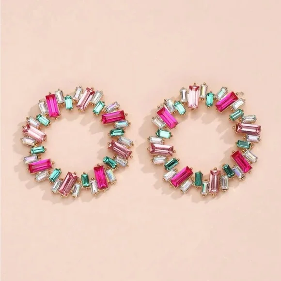 New Zara champagne multicolor pink green zircon earrings - Picture 2 of 3